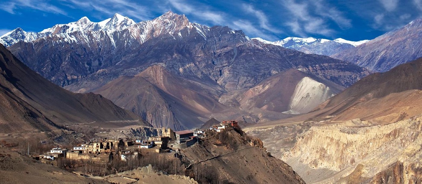 Mountain panorama and Jarkot in Mustang Nepal