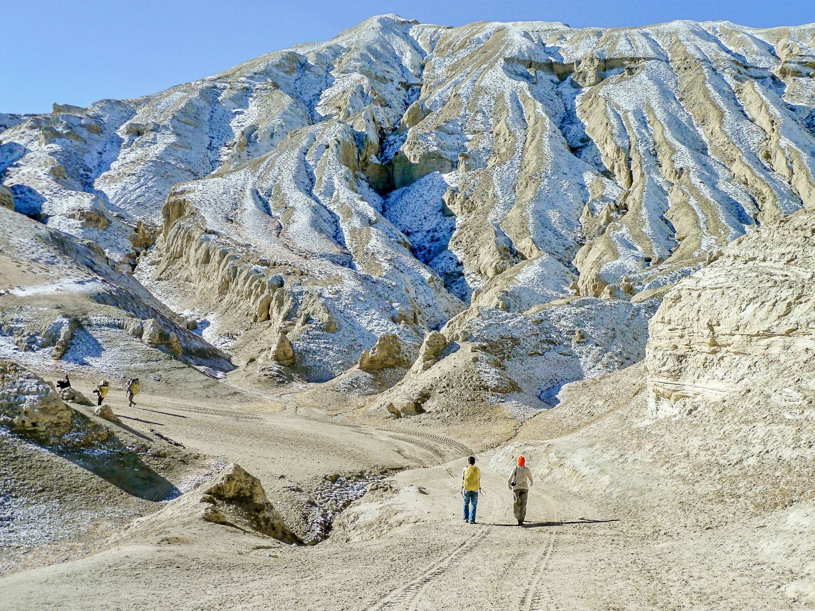 Tourists walking the landscape of Mustang