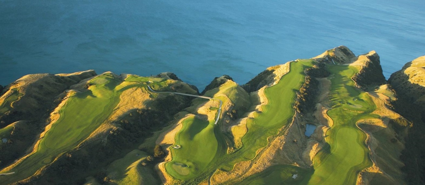 areal shot of the gold course near The Farm at Cape Kidnappers, New Zealand