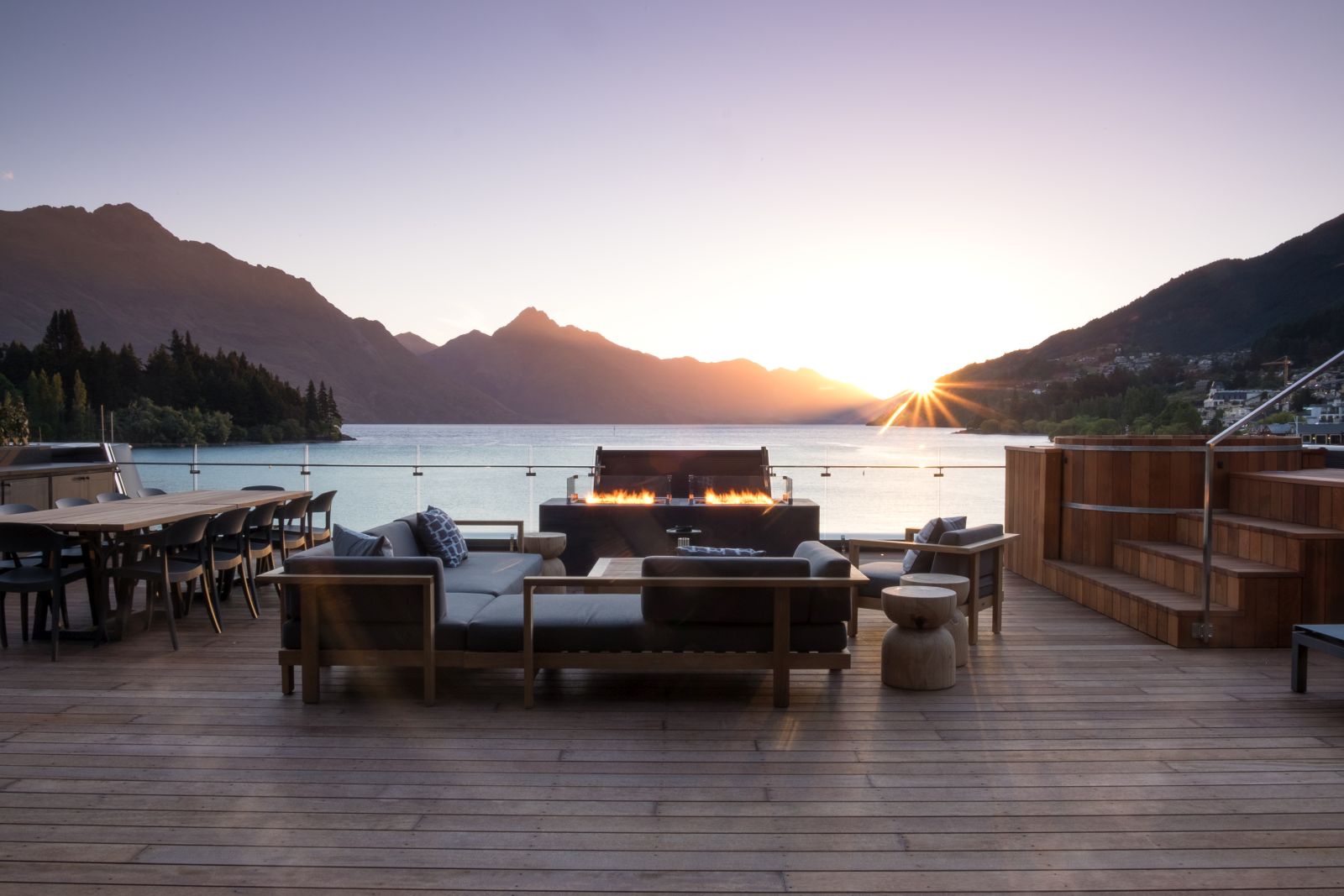 Eichardt's Private Hotel New Zealand Penthouse terrace overlooking the lake with outdoor seating