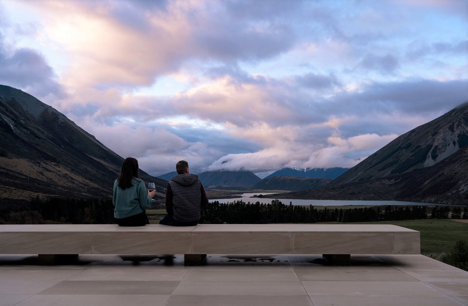 Bench and mountain views at Flockhill lodge in New Zealand