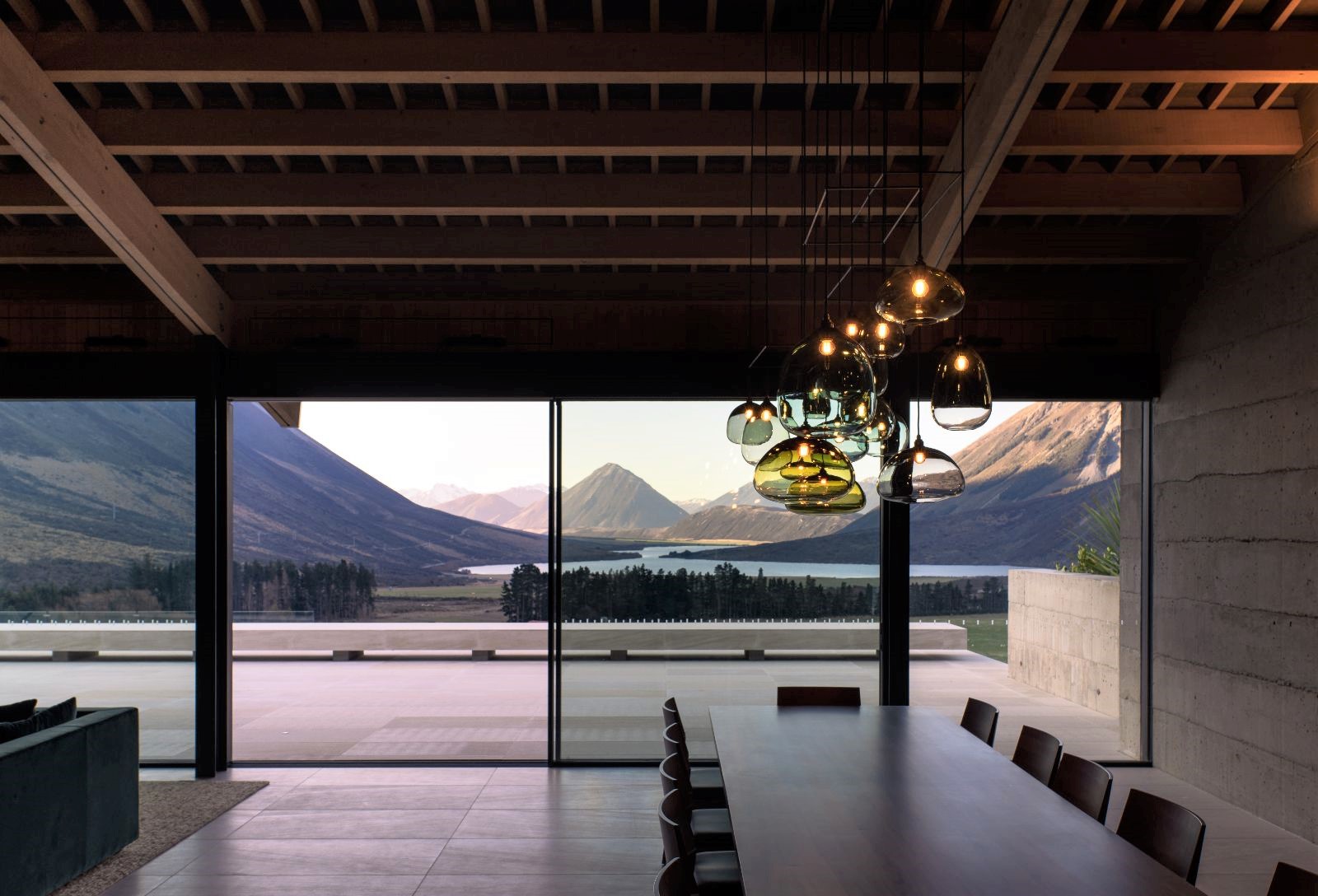 Dining table and views at Flockhill lodge in New Zealand
