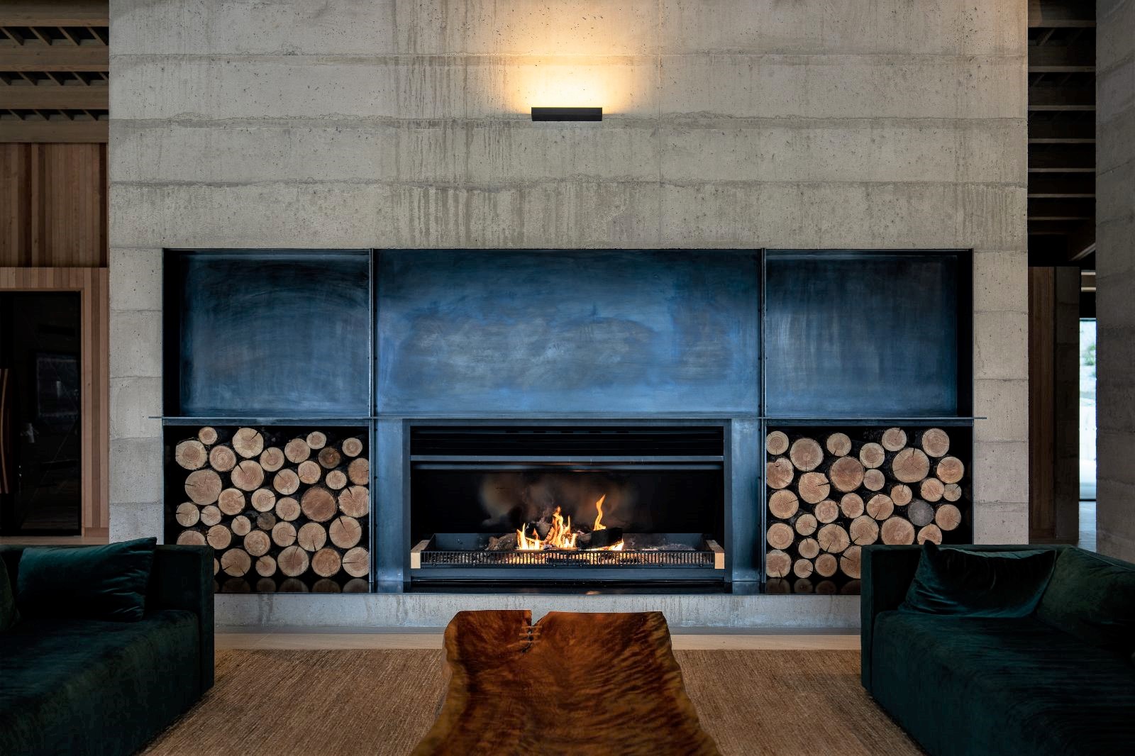 Living room fireplace at Flockhill lodge in New Zealand