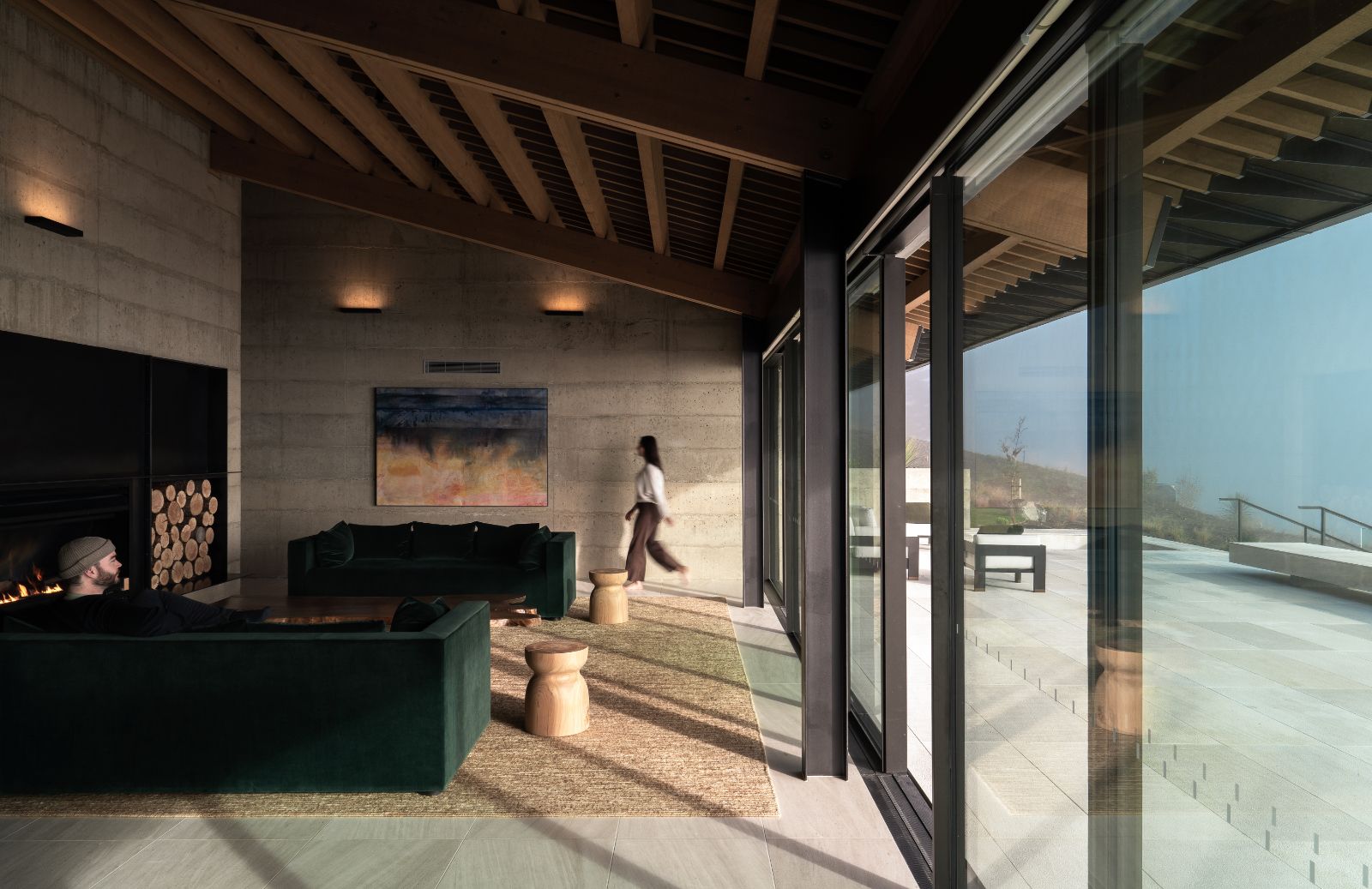 Living room with views at Flockhill lodge in New Zealand