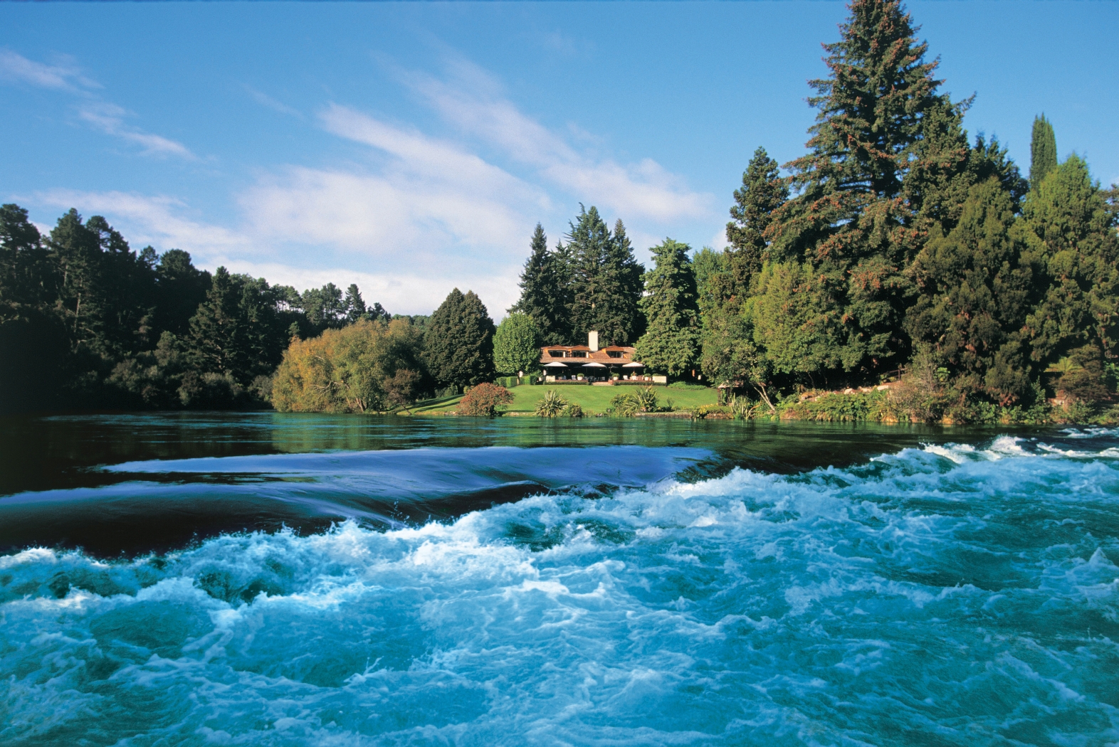 The Huka Lodge seen from the Huka Falls, New Zealand