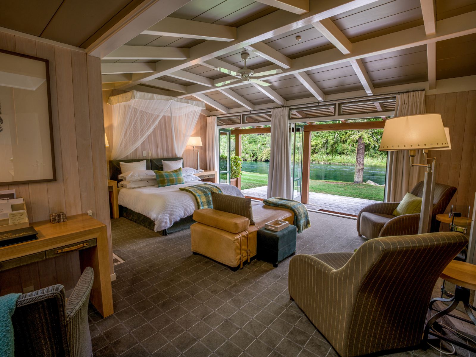 Junior Lodge guest suite bedroom at Huka Lodge on the Huka Falls in New Zealand