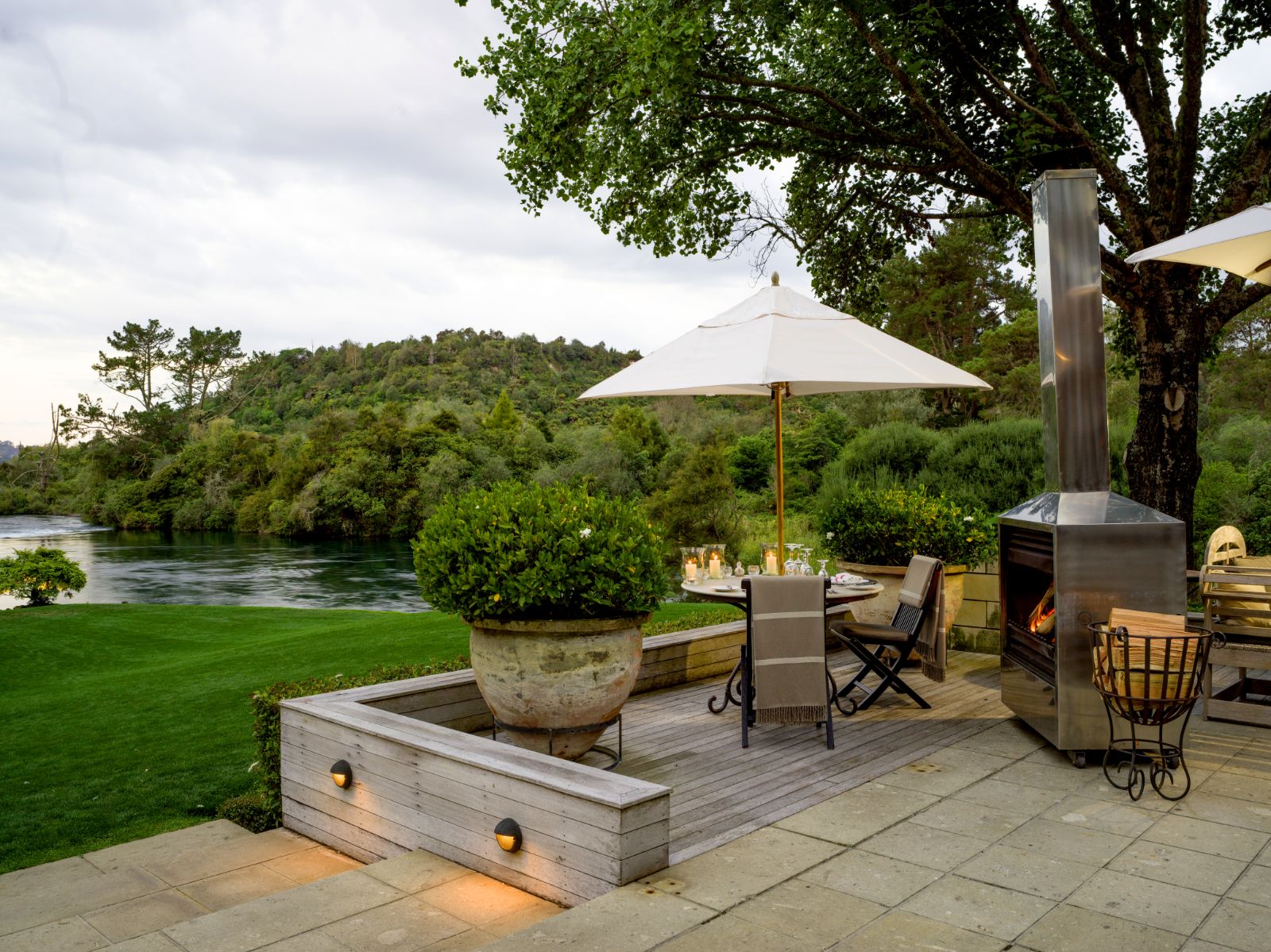 Terrace seating at Huka Lodge on the Huka Falls in New Zealand