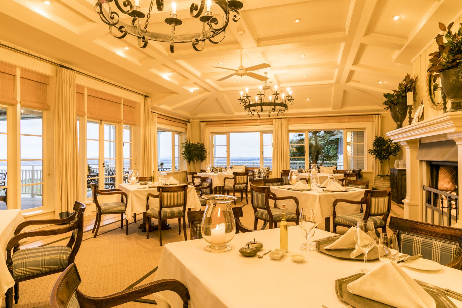 Spacious dining room with set tables