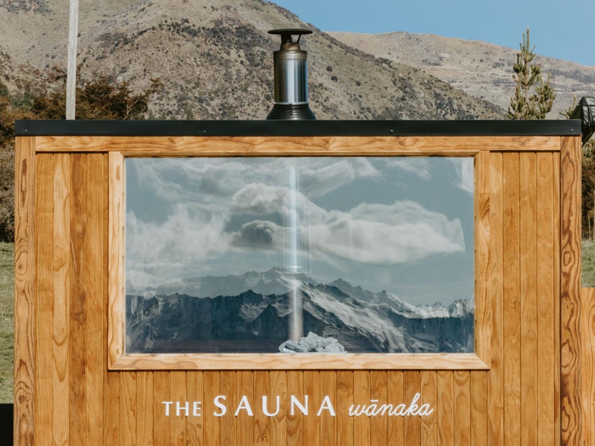 Sauna with mountain backdrop at Lake Hawea Station, a luxury lodge in New Zealand