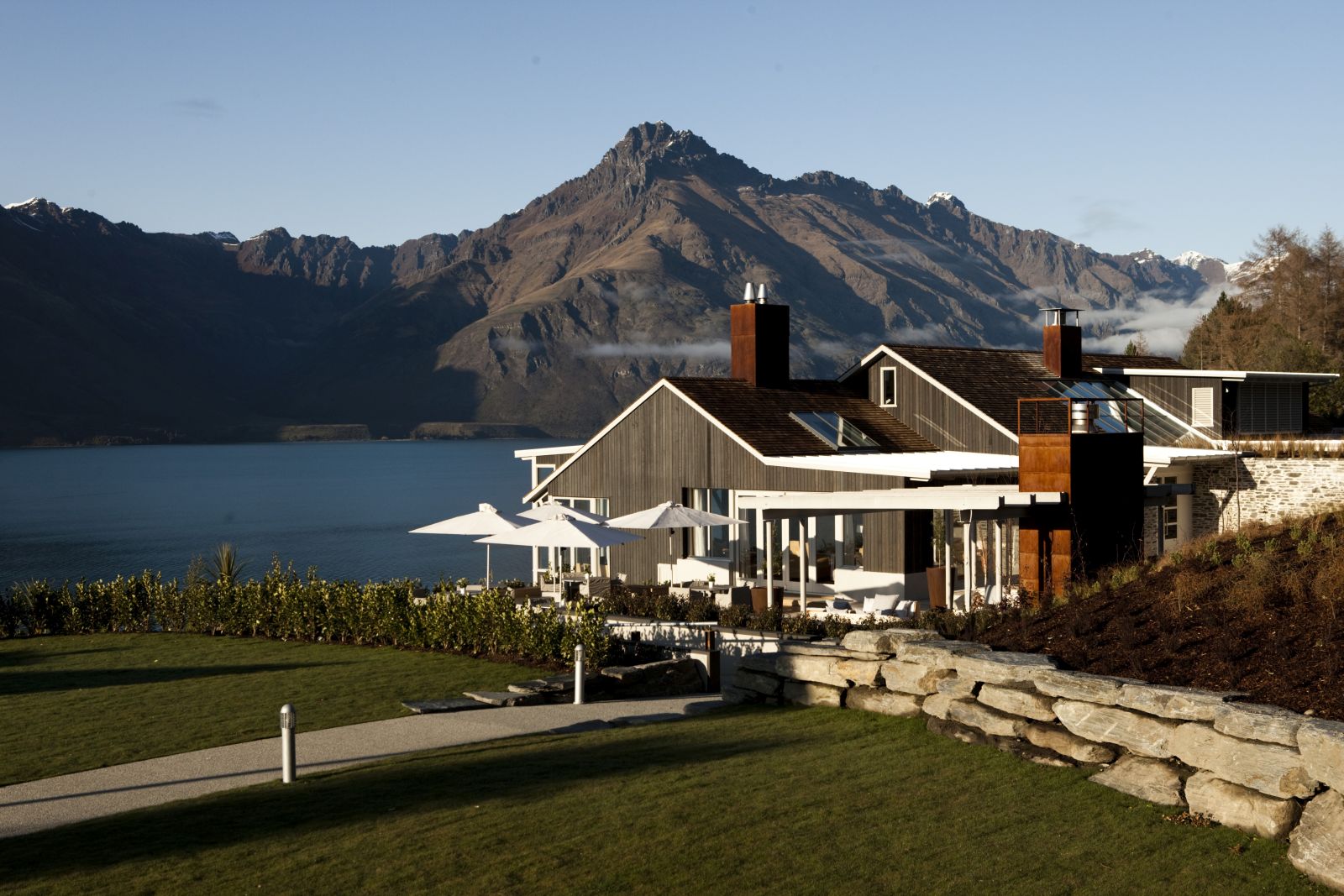 Matakauri Lodge exterior with views of the mountains