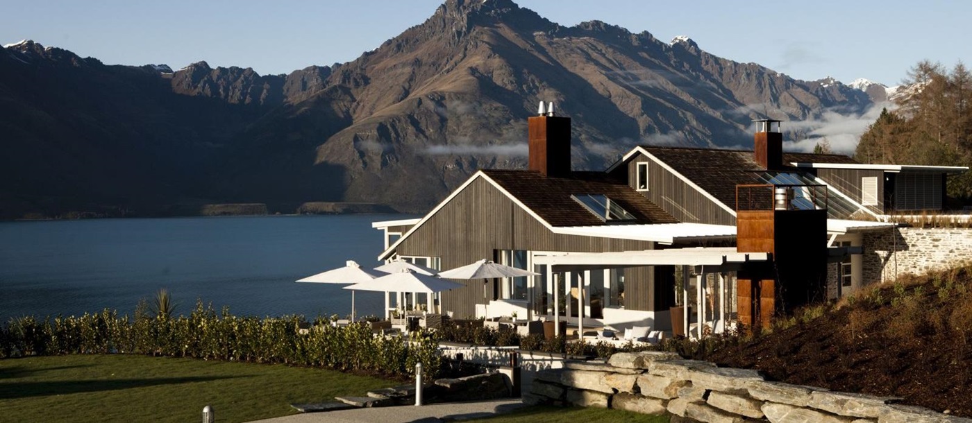 Matakauri Lodge exterior with views of the mountains