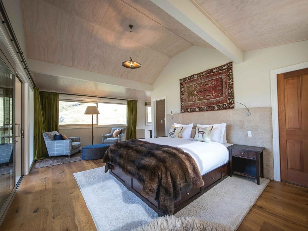 Bedroom is a gues chalet at Minaret Station on New Zealand's South Island