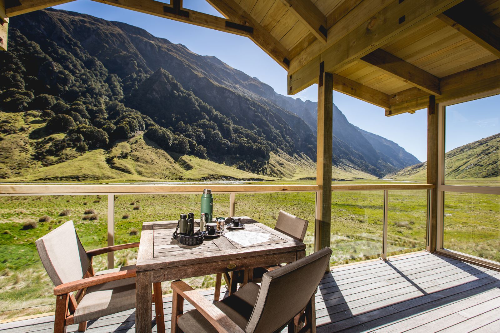 deck seating area and view of Minaret Station grounds on New Zealand's South Island