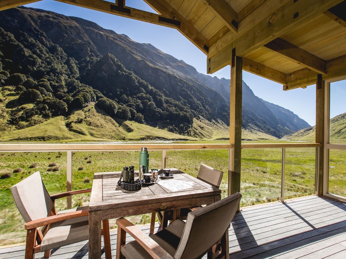 deck seating area and view of Minaret Station grounds on New Zealand's South Island