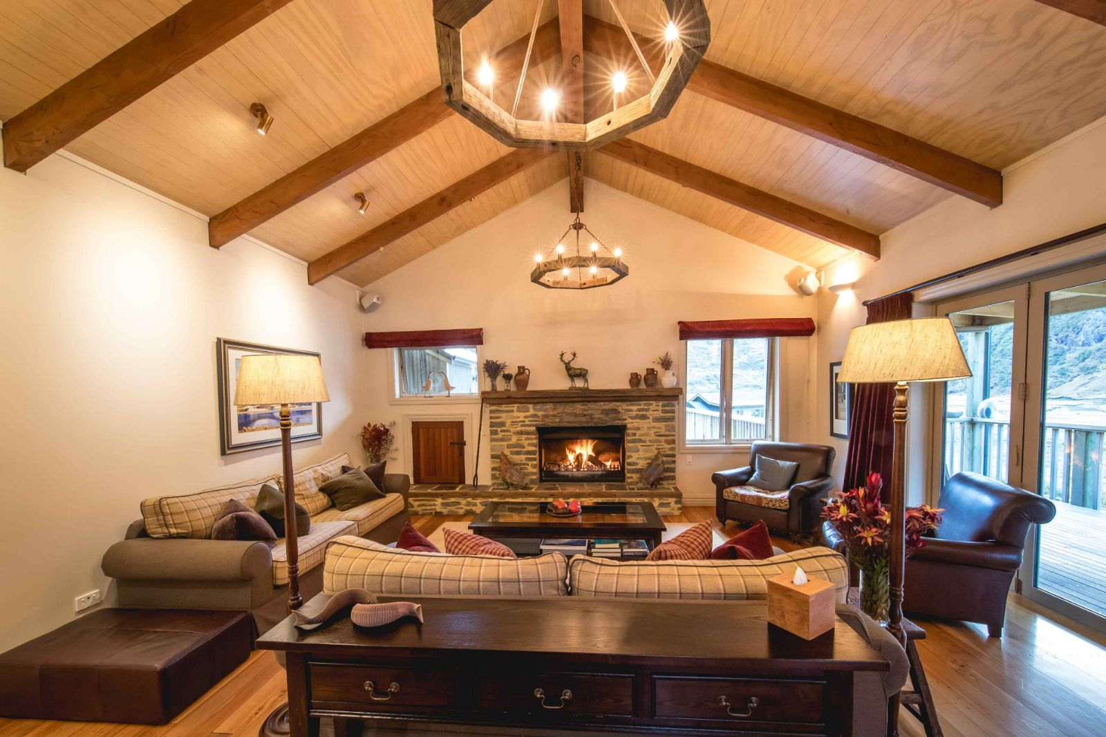 lounge area and fireplace at Minaret Station on New Zealand's South Island