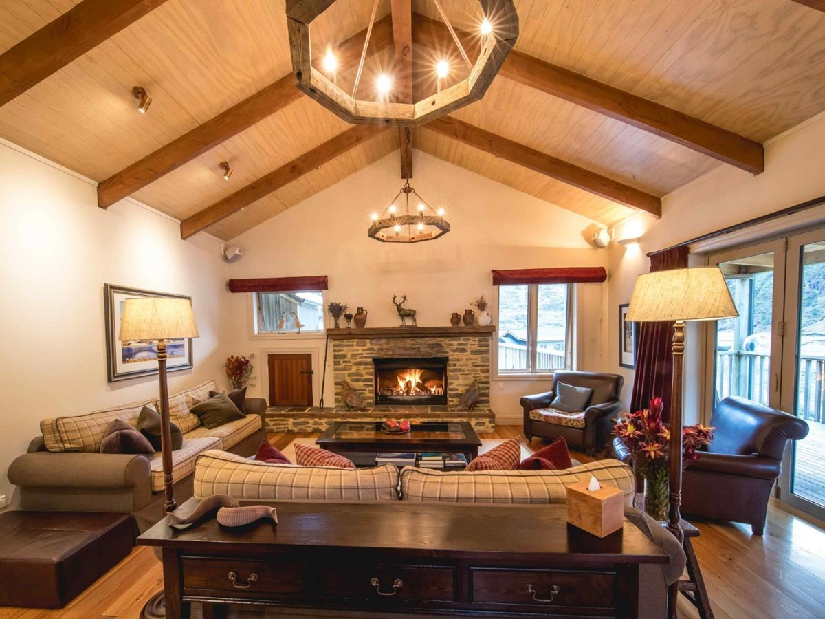 lounge area and fireplace at Minaret Station on New Zealand's South Island