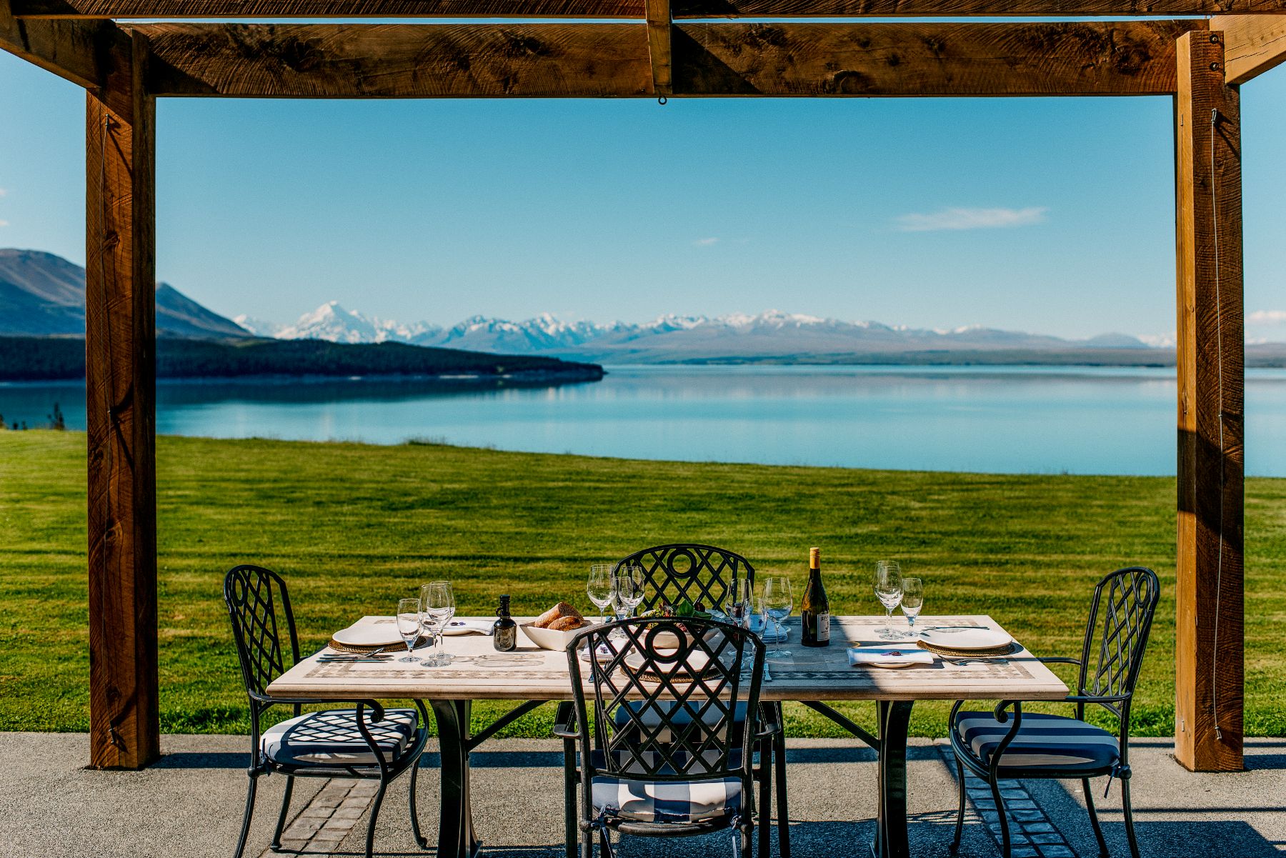 Dining terrace at Mt Cook Lakeside Retreat, a luxury lodge in New Zealand