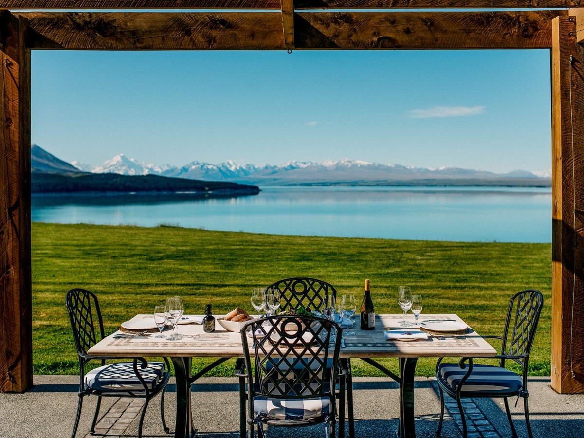 Dining terrace at Mt Cook Lakeside Retreat, a luxury lodge in New Zealand