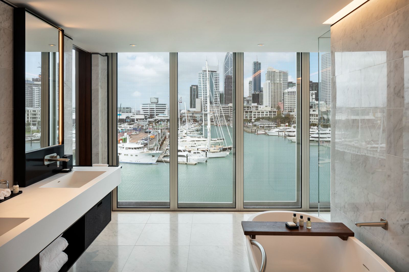 Guest suite bathroom with ocean view at Park Hyatt Auckland in New Zealand