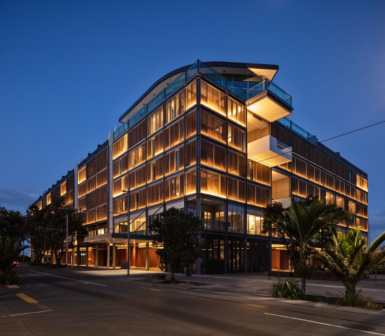 Night time exterior view of Park Hyatt Auckland in New Zealand