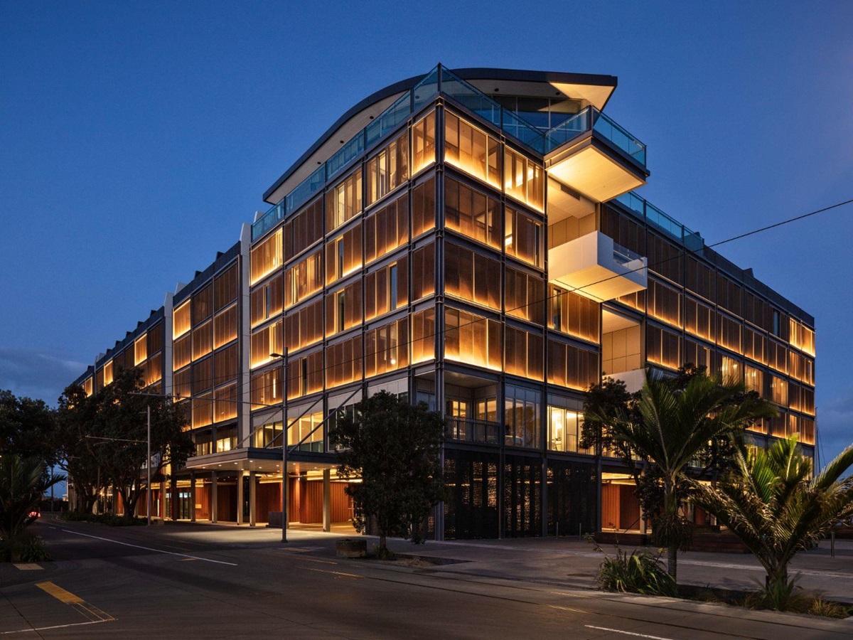 Night time exterior view of Park Hyatt Auckland in New Zealand