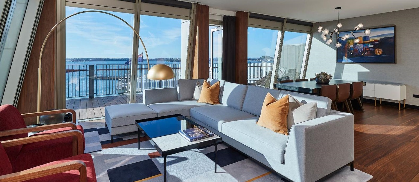 Guest suite lounge with sea view at Park Hyatt Auckland in New Zealand
