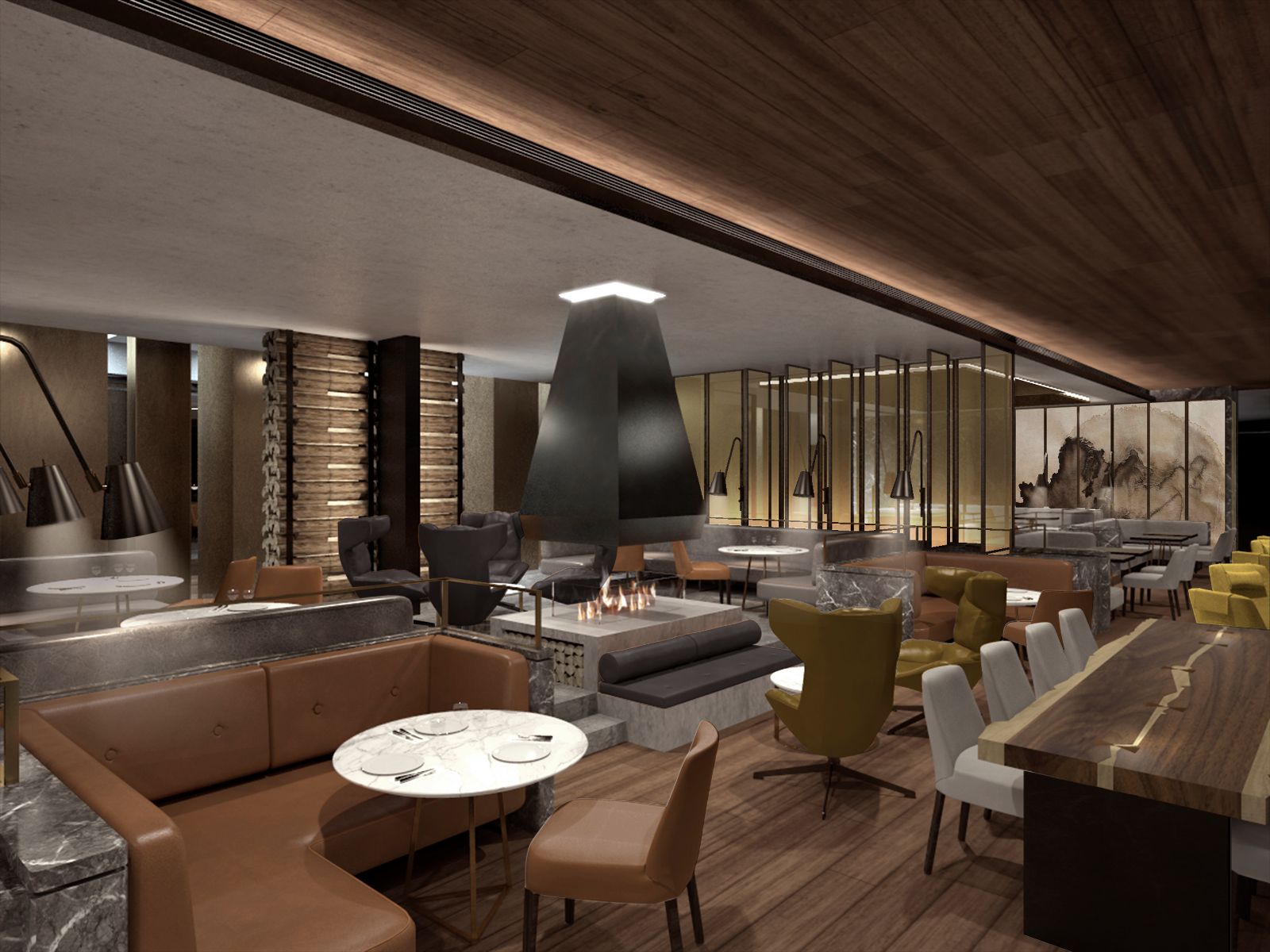 Restaurant with fire place at Park Hyatt Auckland in New Zealand
