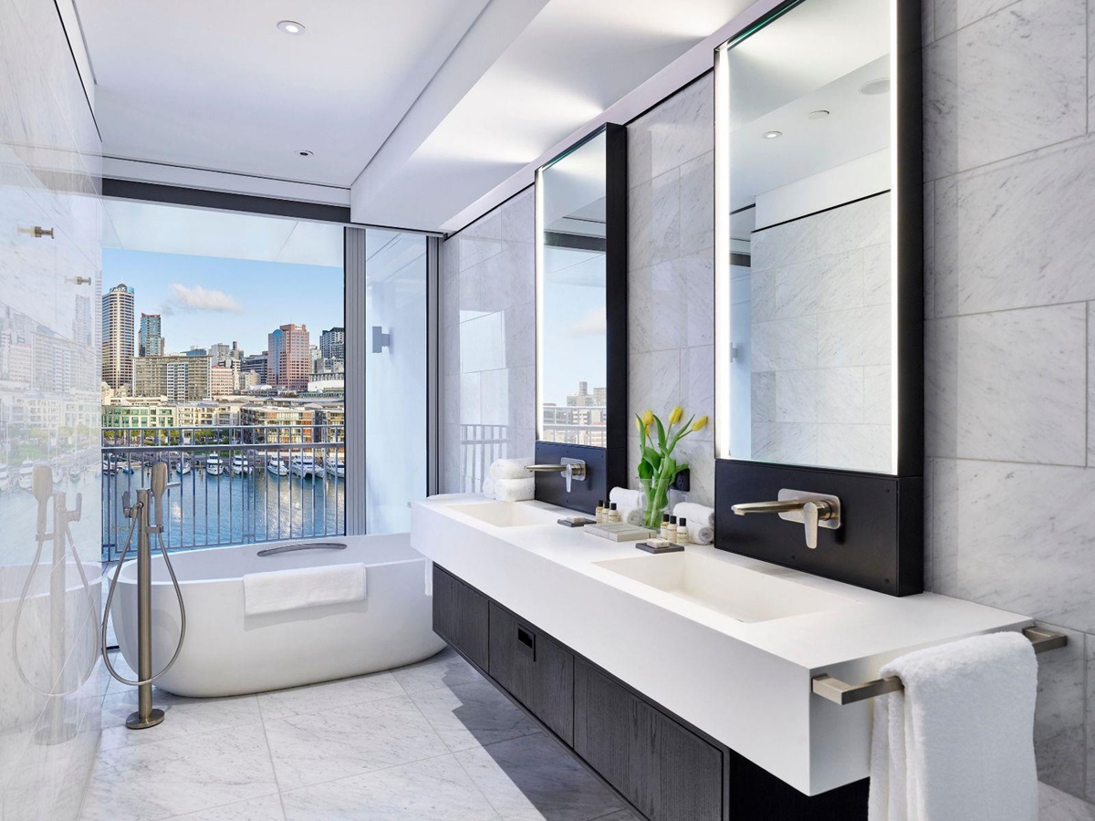 Guest suite bathroom with city view at Park Hyatt Auckland in New Zealand