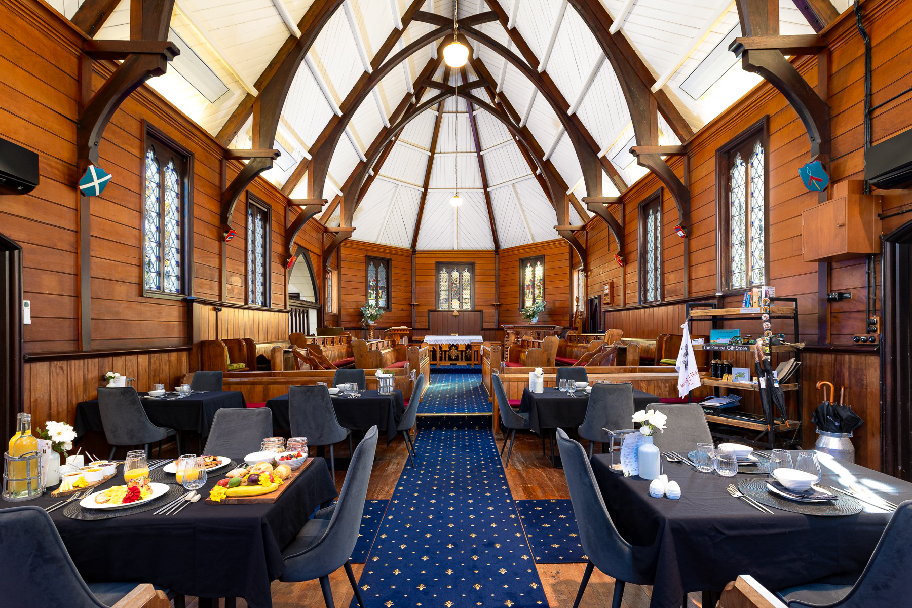 Breakfast served in the chapel at Pihopa Retreat in Nelson, New Zealand