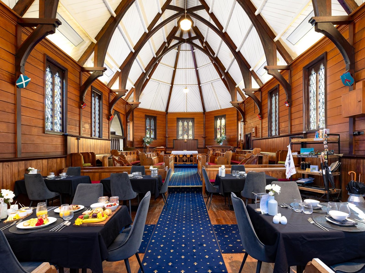Breakfast served in the chapel at Pihopa Retreat in Nelson, New Zealand