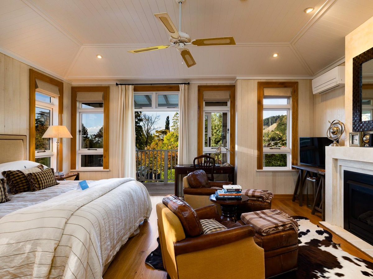 Sutton Suite bedroom at Pihopa Retreat in Nelson, New Zealand