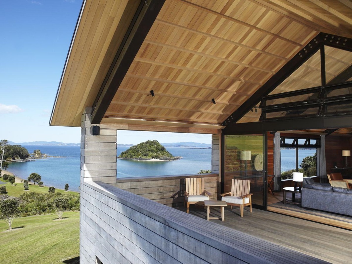The Landing New Zealand The Gabriel balcony seating with views over the bay and hills