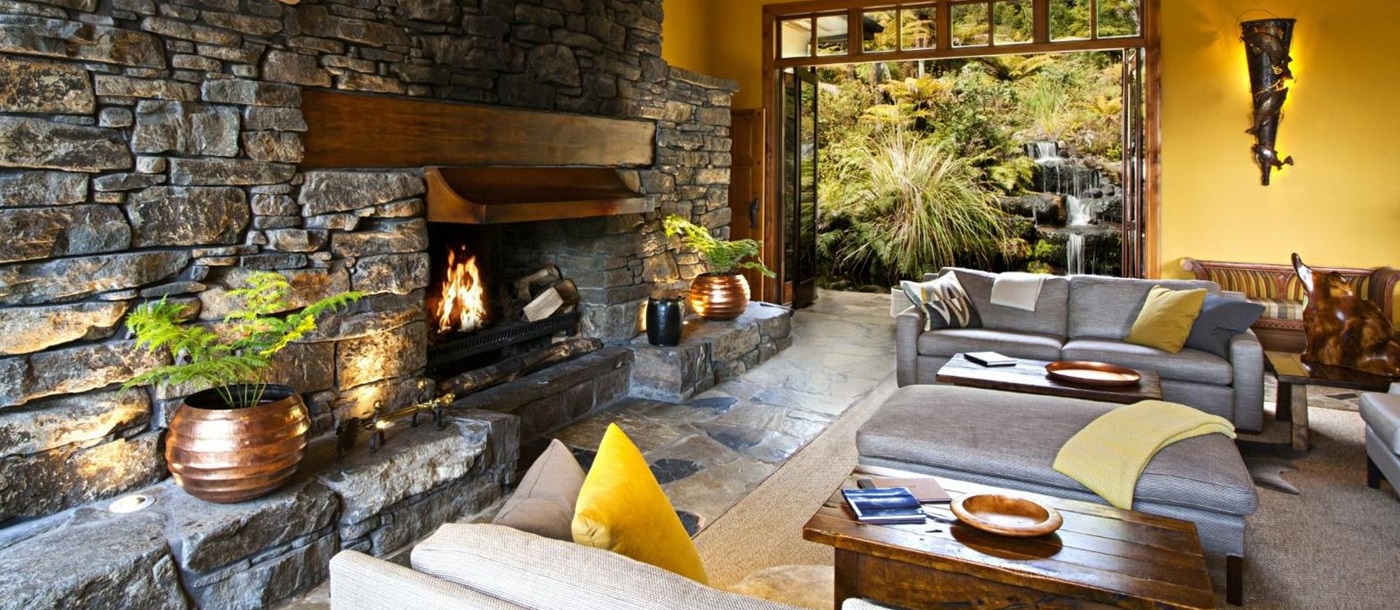 Great Room fireplace at Treetops Lodge & Estate in Rotorua, New Zealand