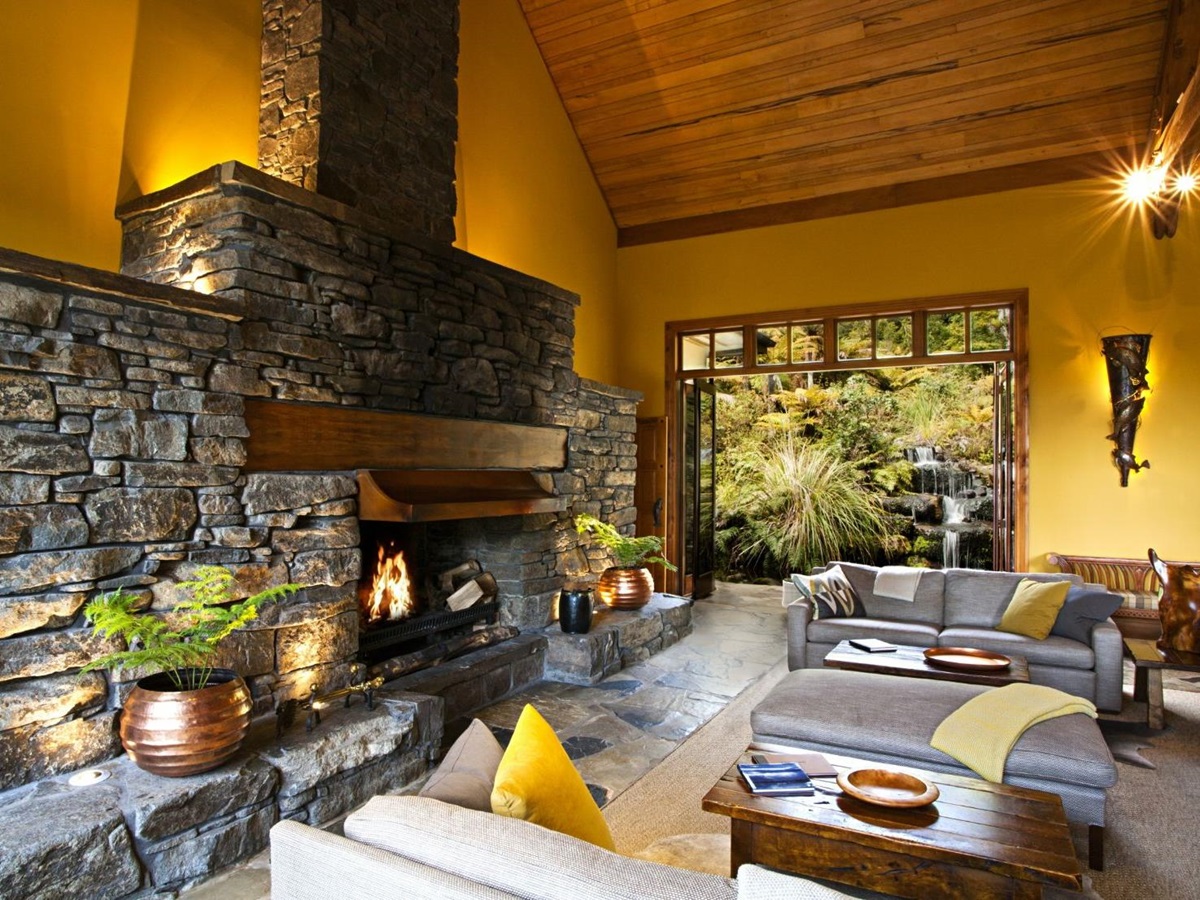 Great Room fireplace at Treetops Lodge & Estate in Rotorua, New Zealand