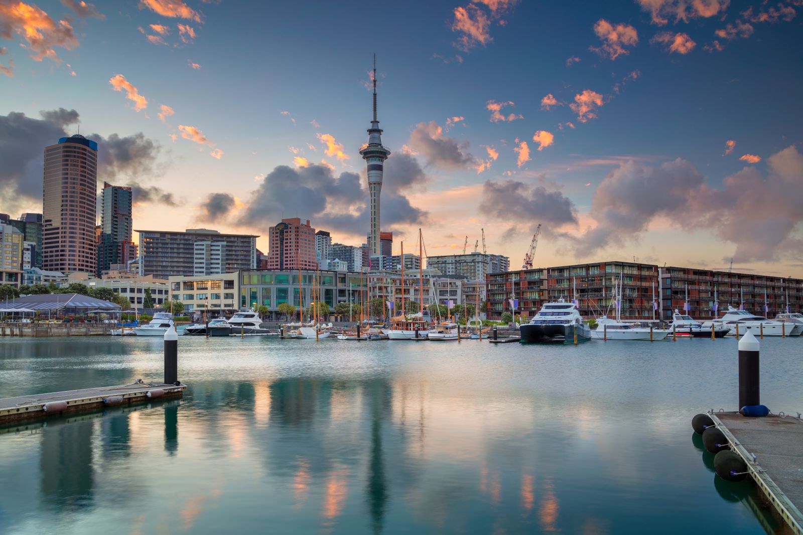 Auckland Harbour and skyline at sunset