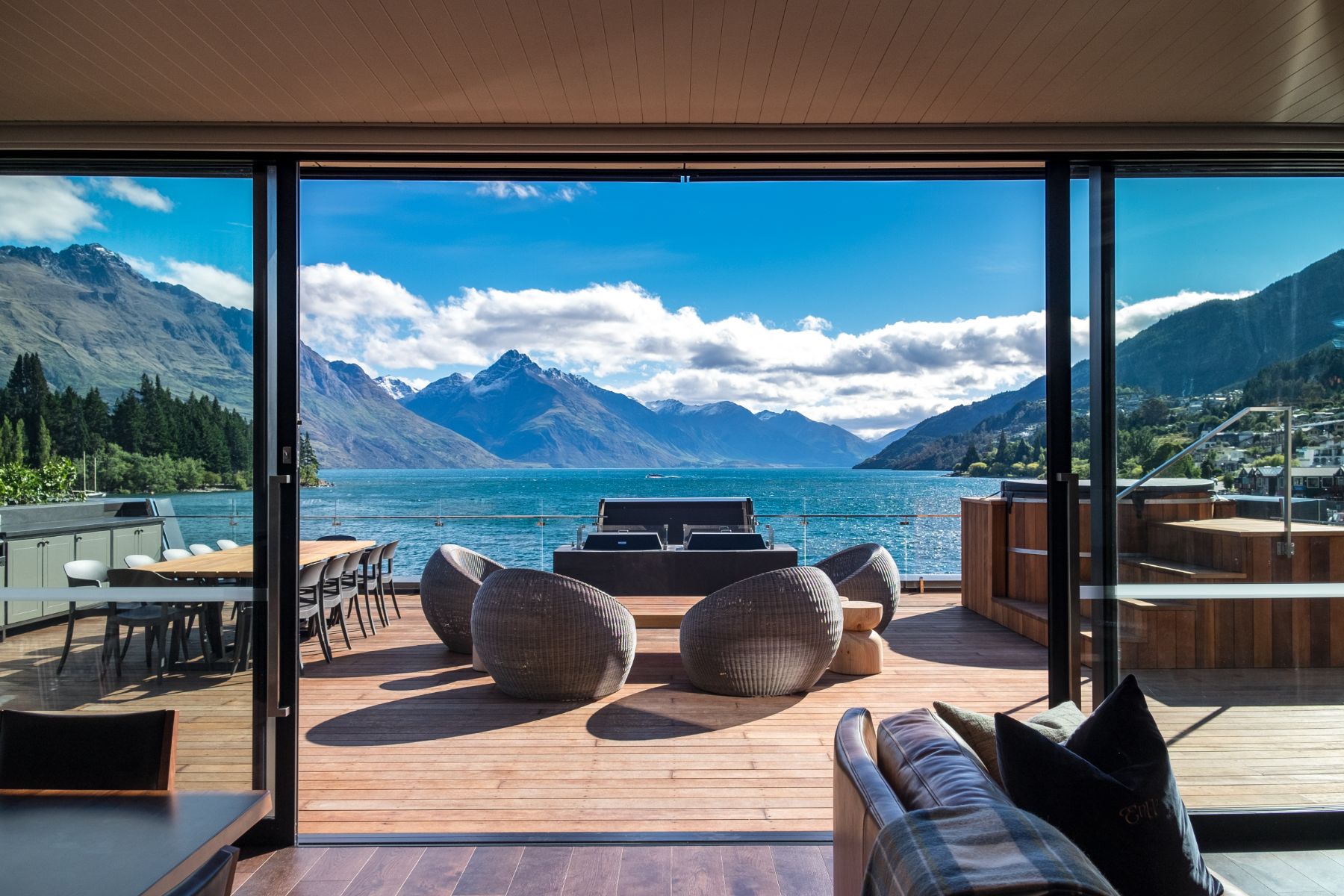 View over the lake from a luxury lodge at Eichardt's Private Hotel in New Zealand