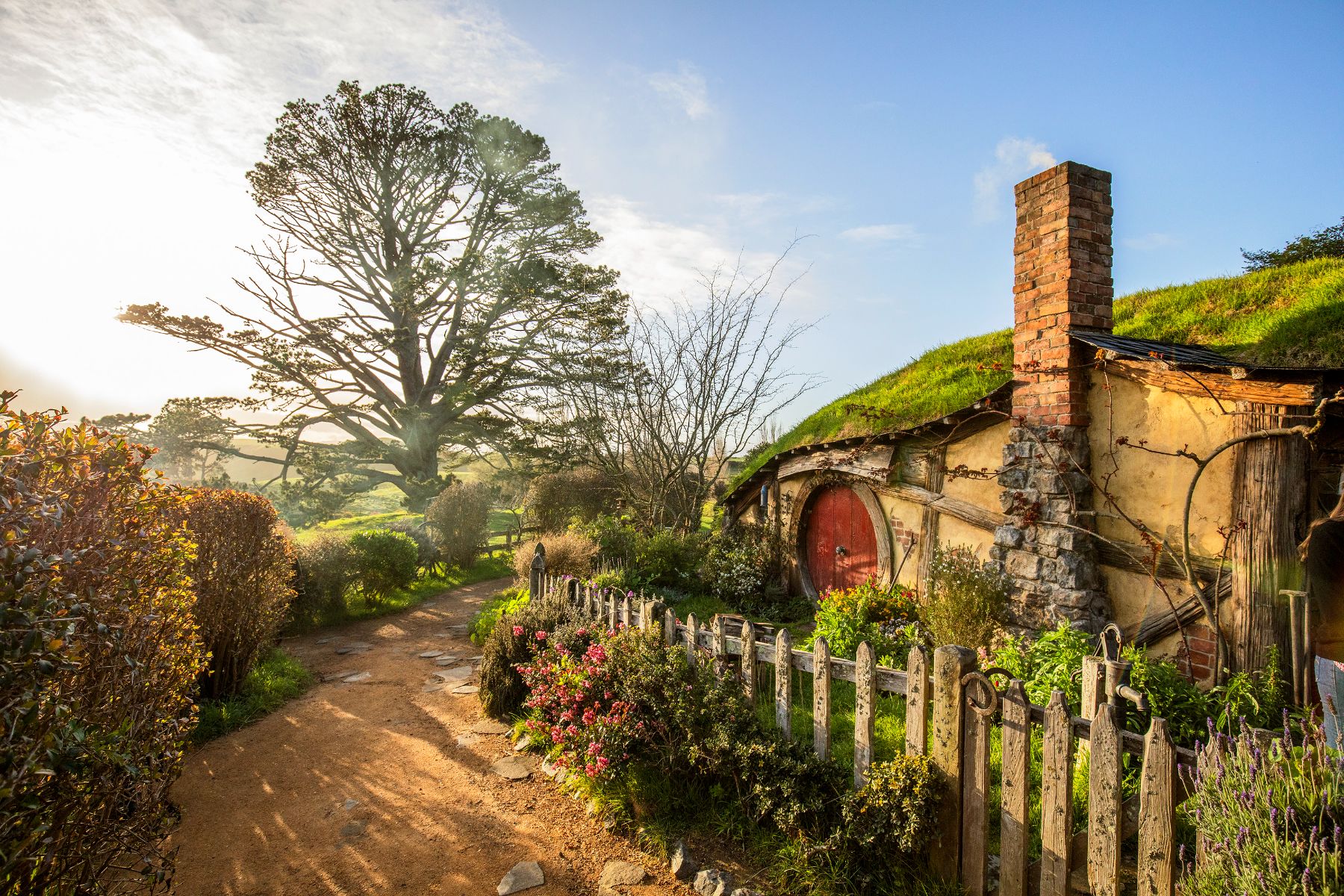 Exterior view of a hobbit house and pathway on the Hobbiton film set