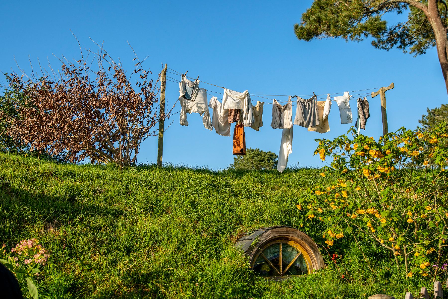 A washing line on the Hobbiton film set
