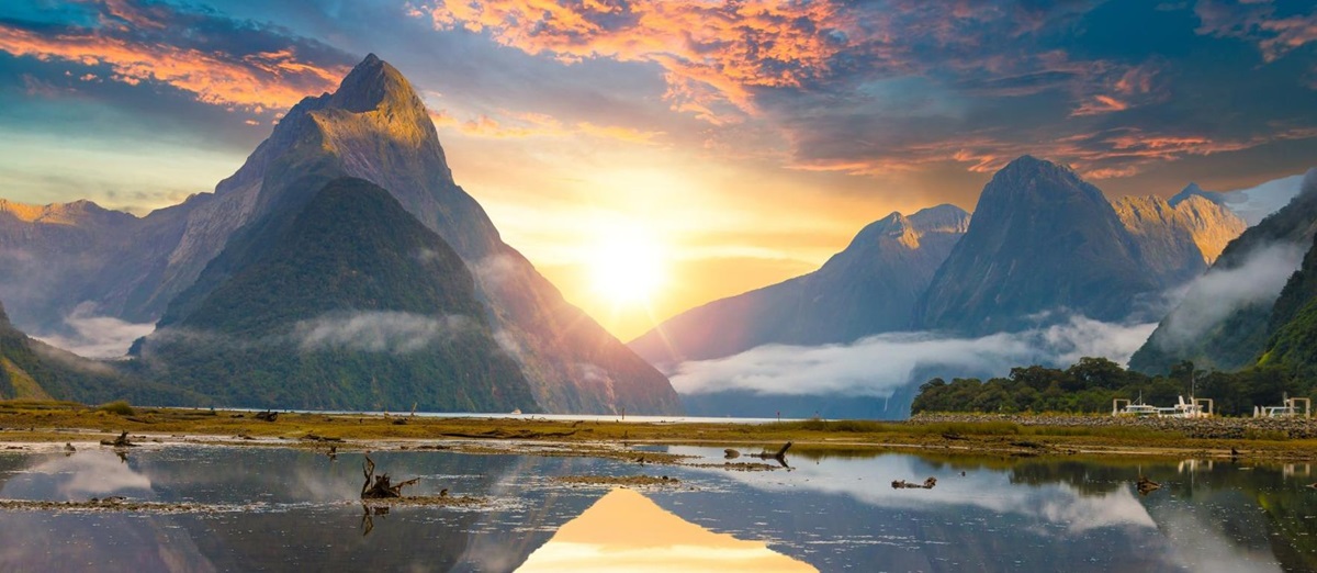 Reflections on the water of Milford Sound in New Zealand
