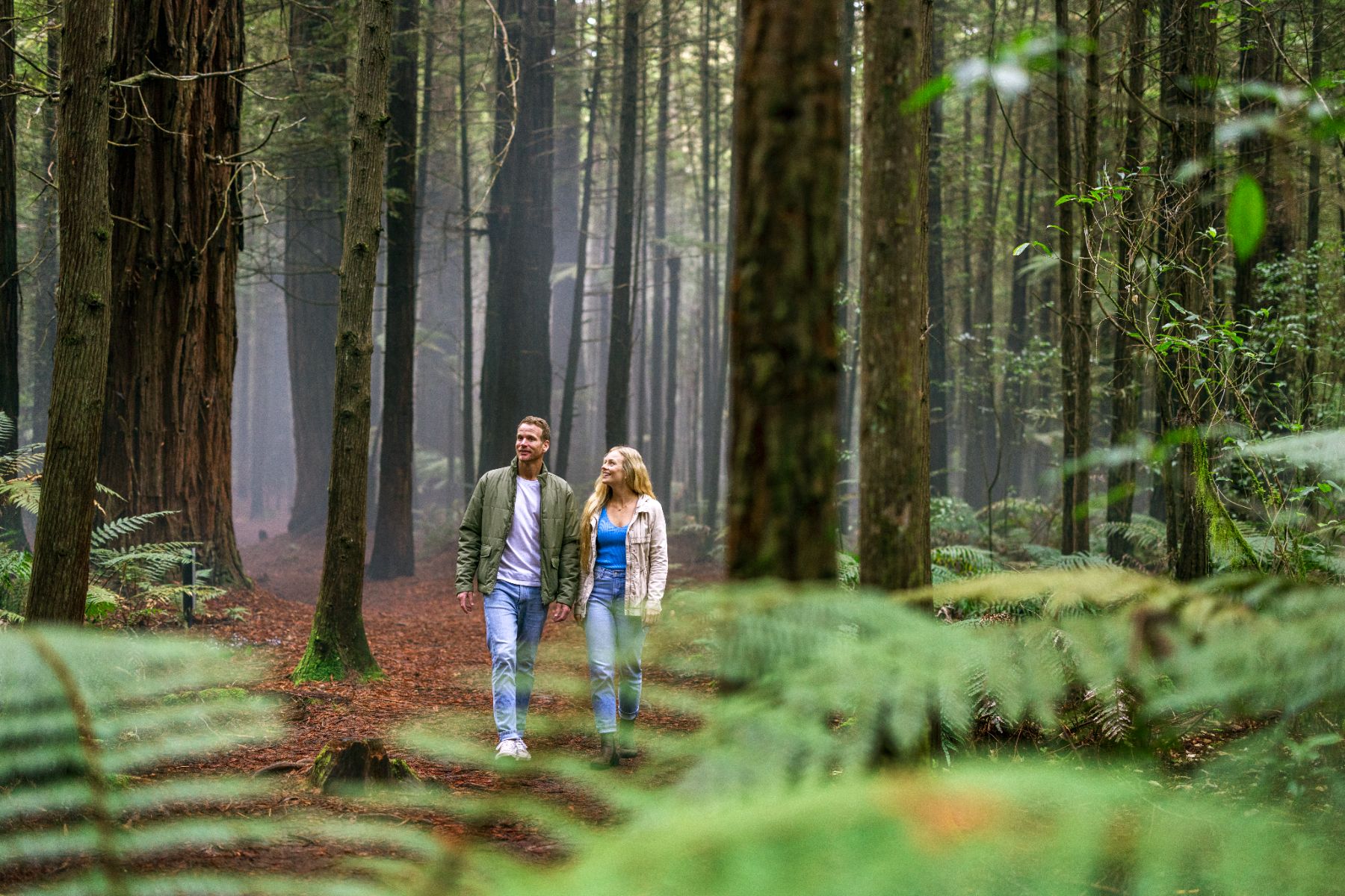 A couple walking through a forest in Rotorua