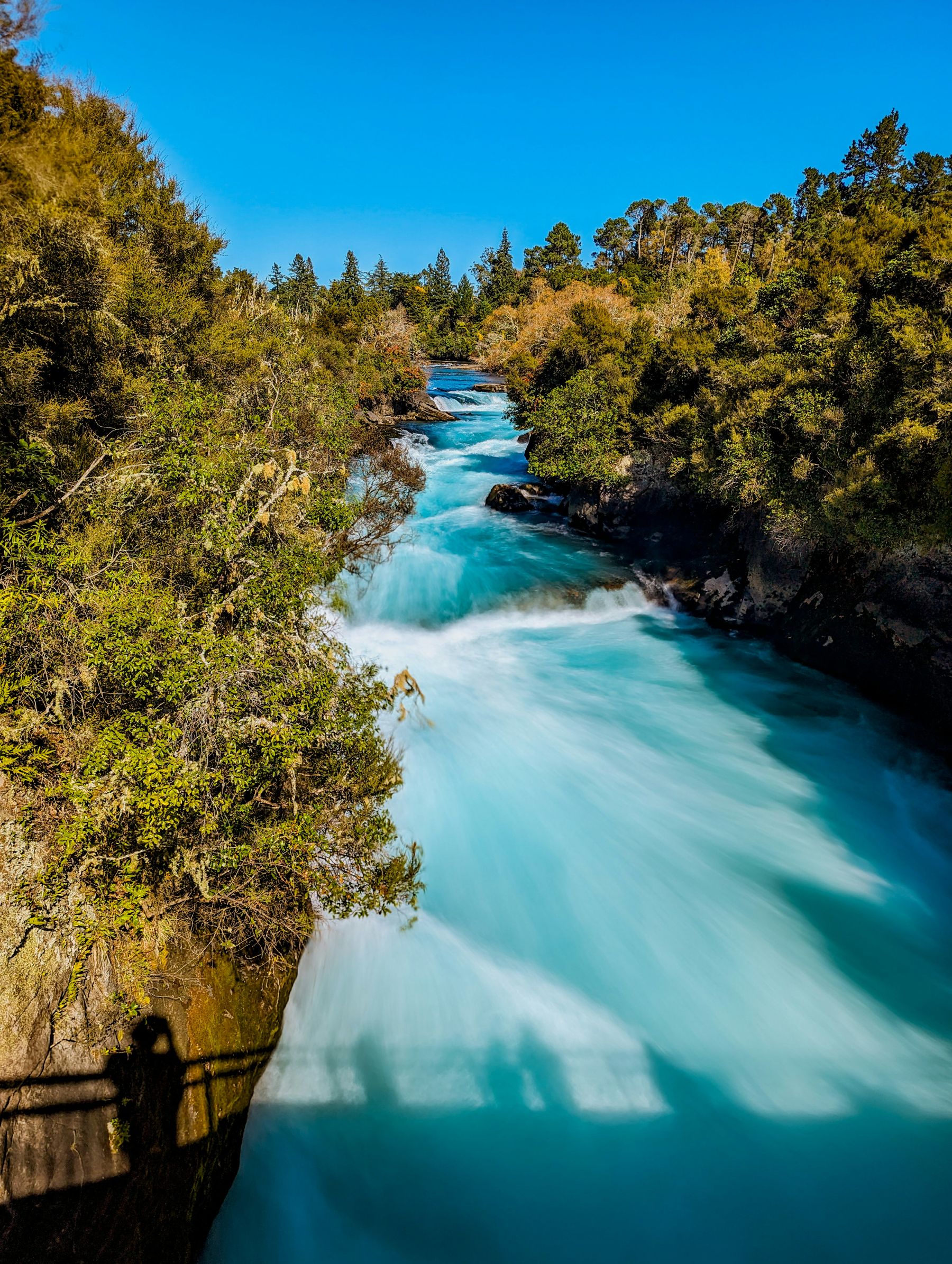 Bright blue river near the Huka Falls in Taupo, New Zealand