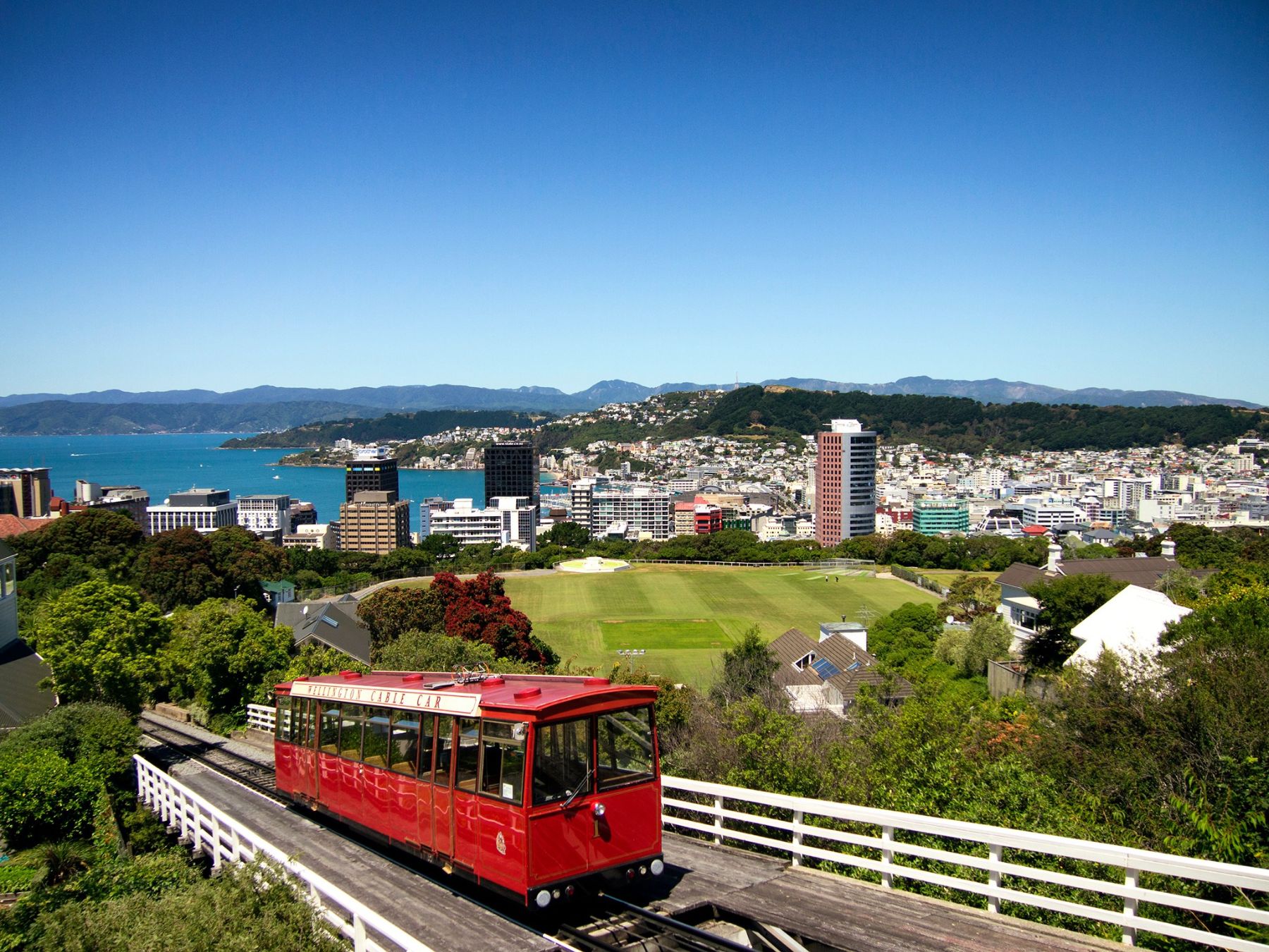 The Wellington cable car ascending the hill in Wellington, New Zealand