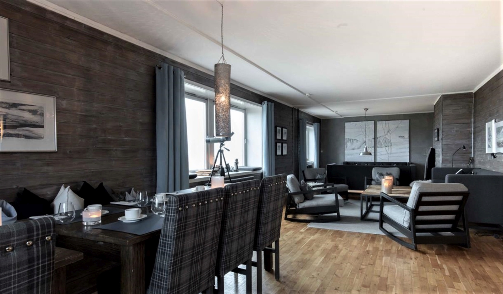 Dining and lounge area at Basecamp Isfjord Radio Adventure Hotel in Svalbard Norway