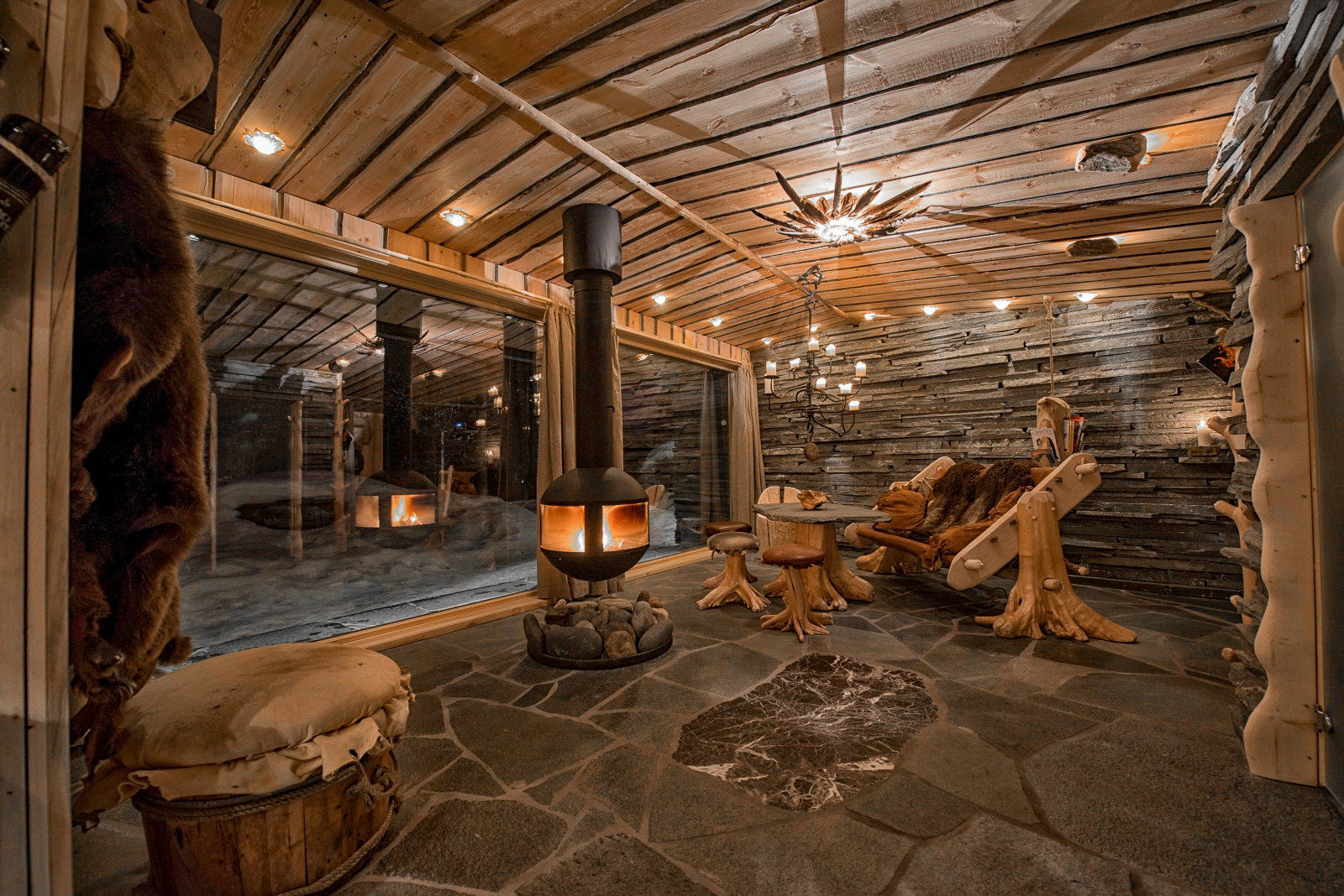 Interior of a guest cabin at Engholm Husky Design Lodge in Norway