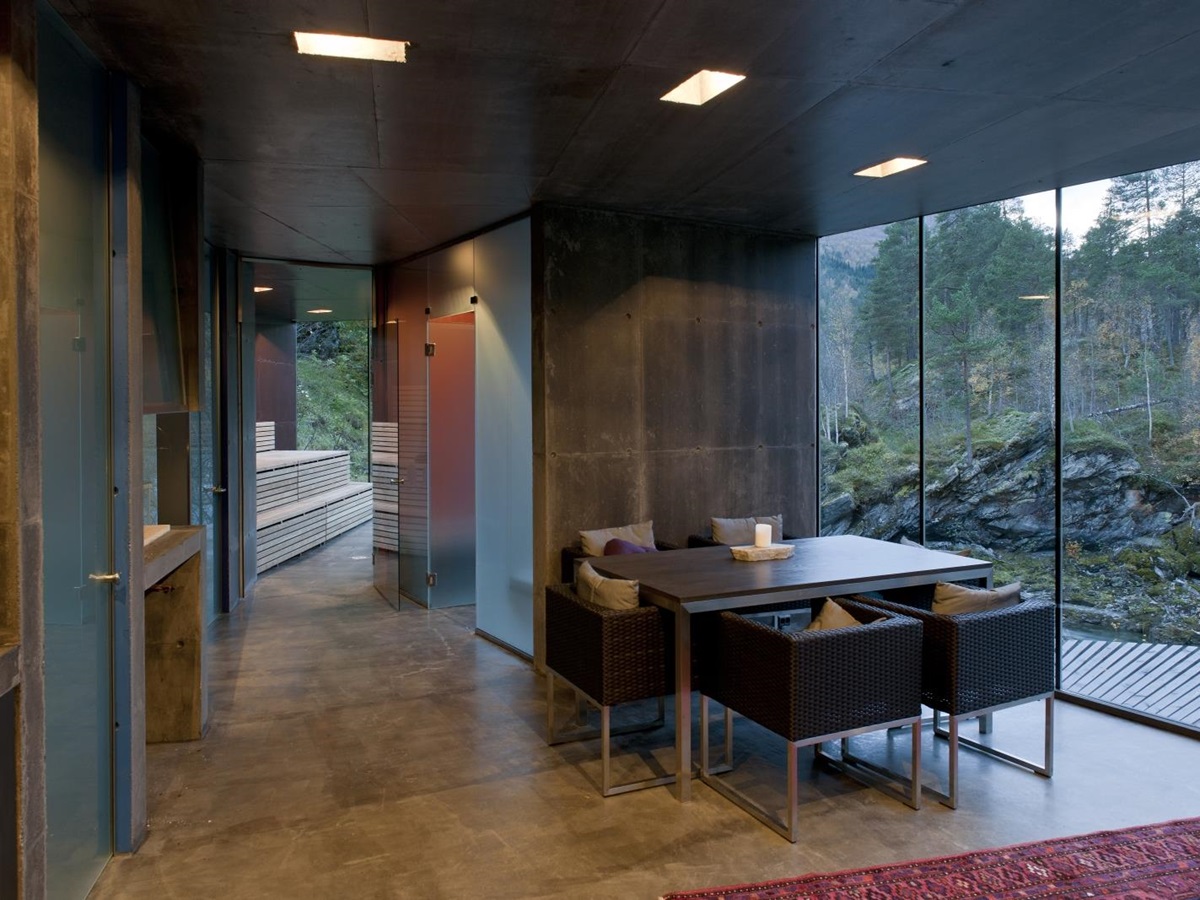 Open plan living space at Juvet Landskapshotel in Norway
