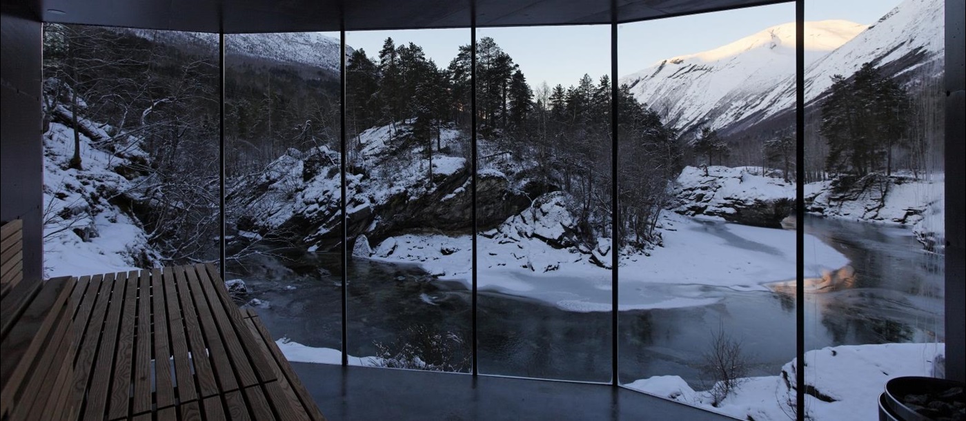 Panoramic sauna view at Juvet Landskapshotel in Norway