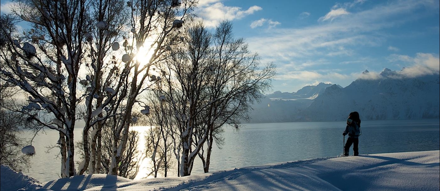 View across the lake in winter at Lyngen Lodge in Norway
