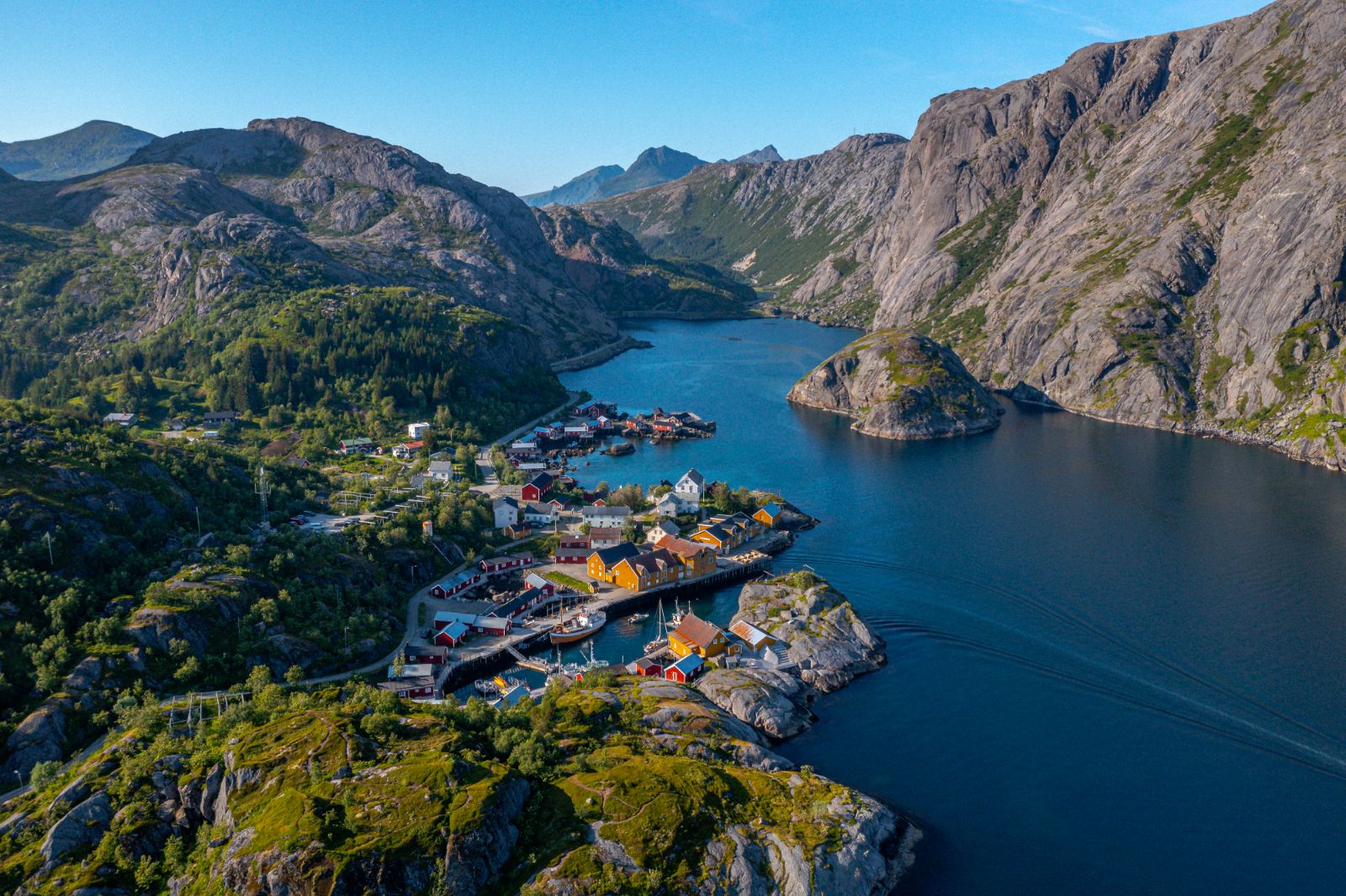 Aerial view of Nusfjord Arctic Resort in Norway