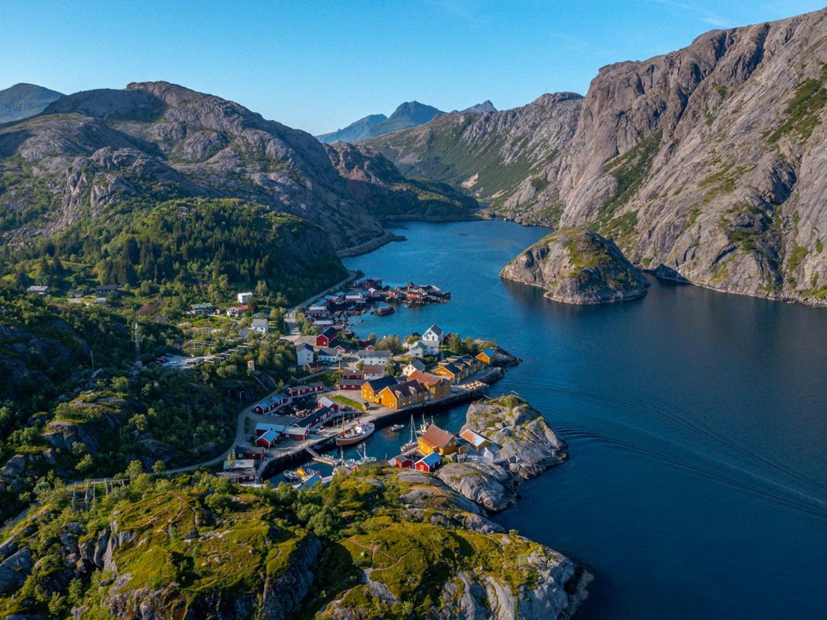 Aerial view of Nusfjord Arctic Resort in Norway