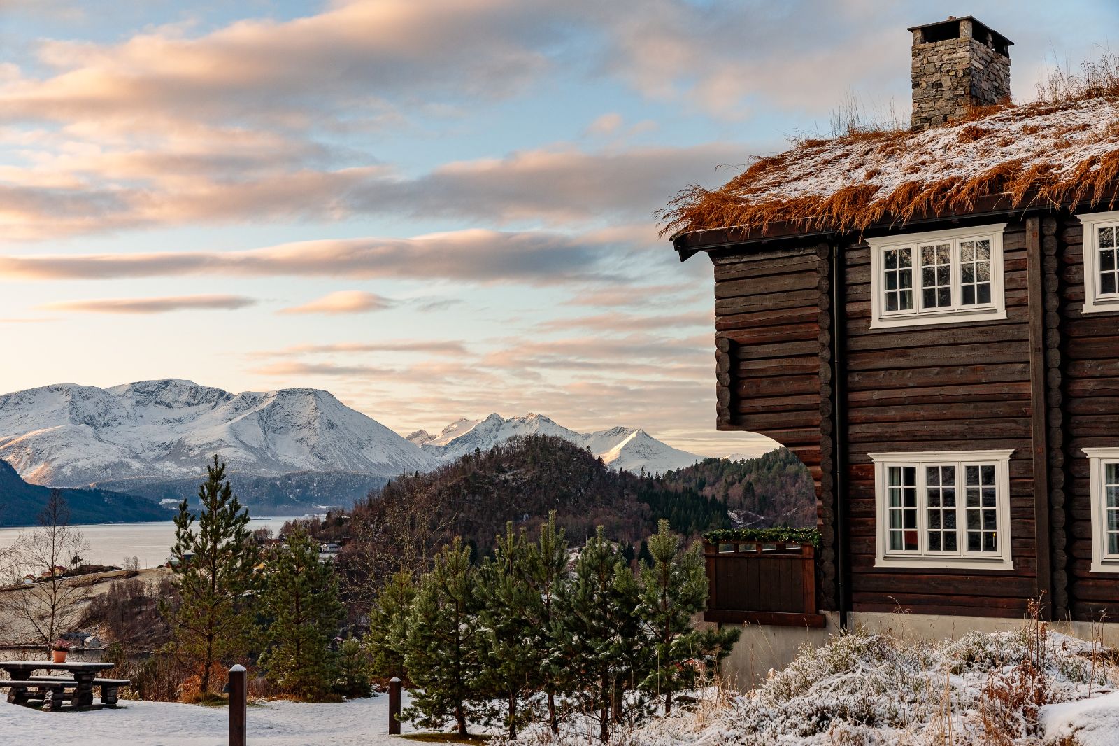 Winter Mountain and Lake View from Luxury Norwegian Hotel Storfjord Hotel